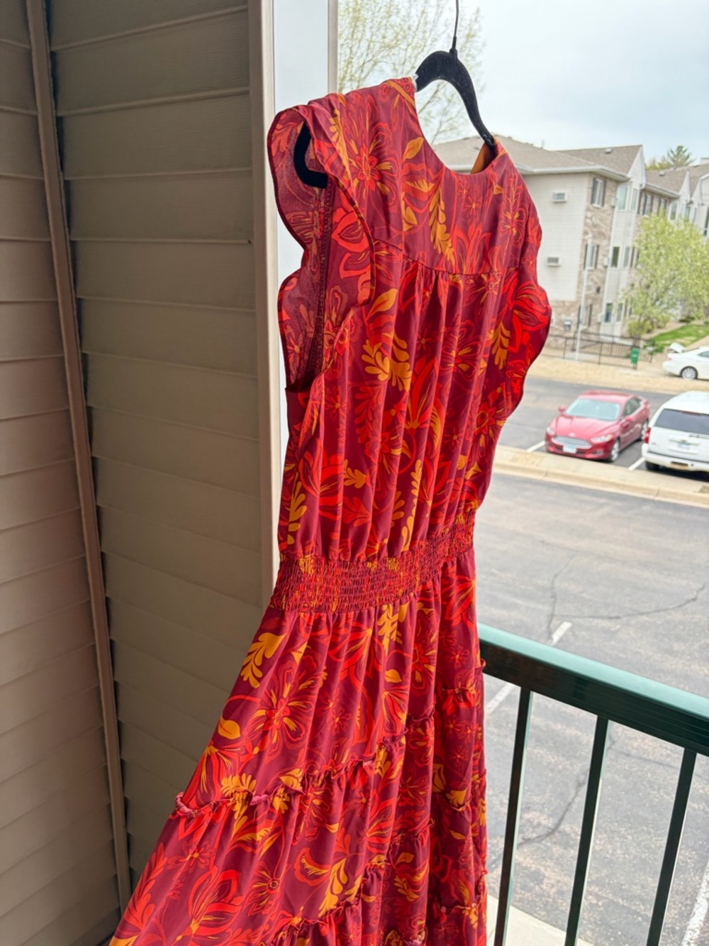 🆕🍎 Vince Camuto Boho Floral Maxi Dress Red Orange Tiered Size L Summer Flowy - Picture 5 of 16